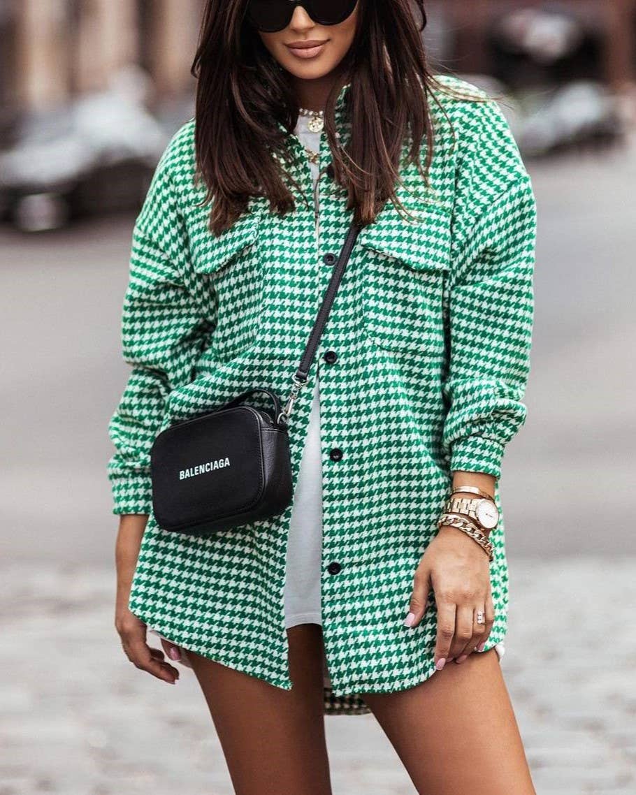 Rosa Clothing - Wholesale Shirt Jacket/Shacket - Women's - Stylish Houndstooth Long-Sleeved Shirt Jacket1