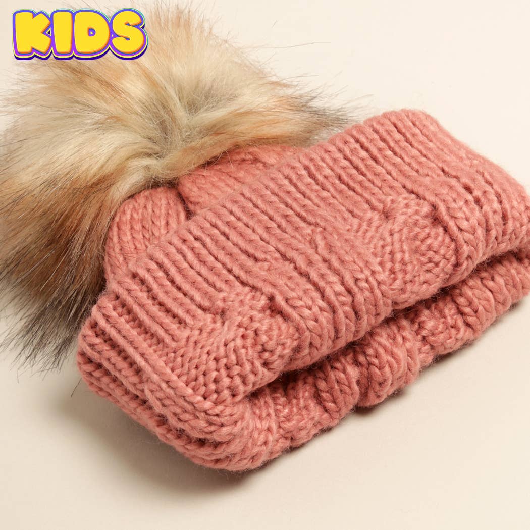 Fashion City - Wholesale Beanie - Kids - Kid's Cable Knitted Faux Fur Pom Beanie Hat11