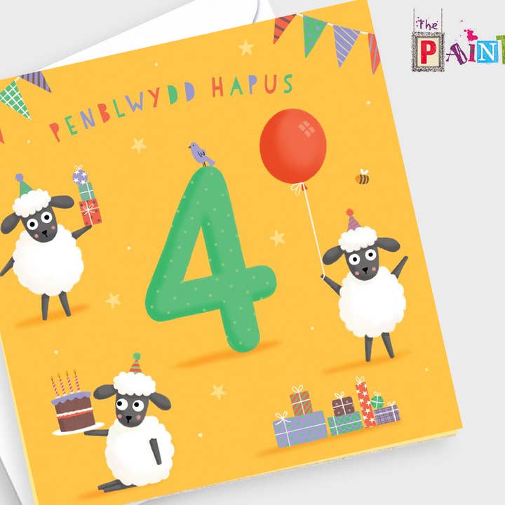 Penblwydd Hapus 4 - 'Feliz Cumpleaños 4' (ovejas de lana galesas) para venta al por mayor de The Paintbox