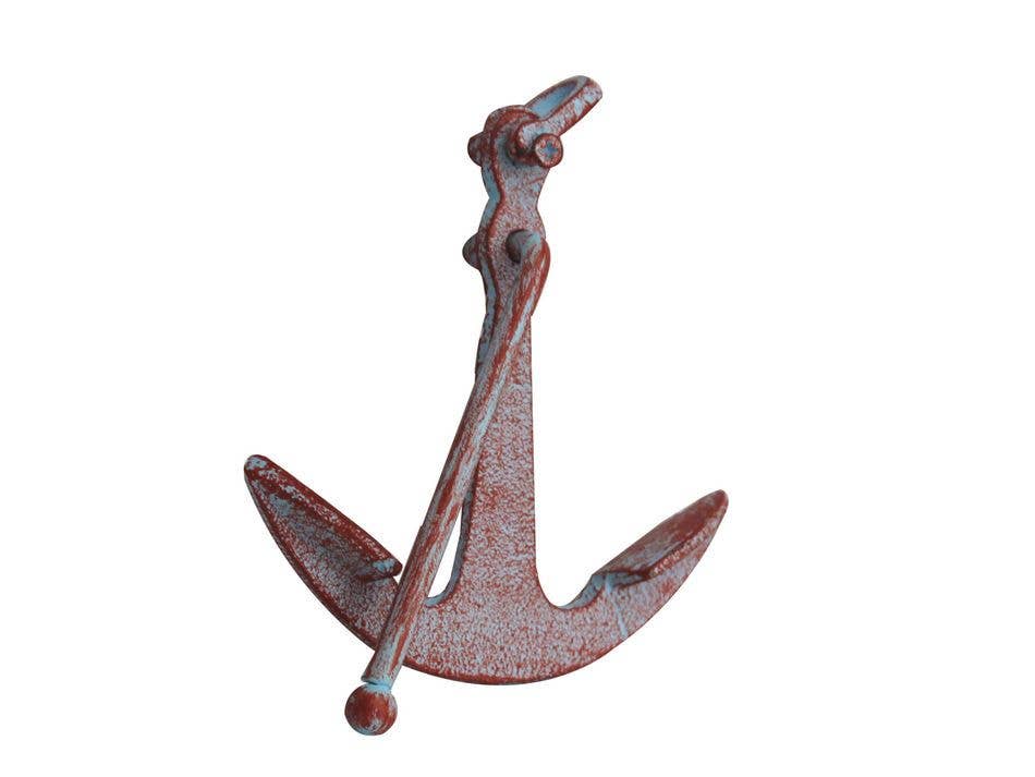 Hampton Nautical - Wholesale Paper Weight - Rustic Red Whitewashed Deluxe Cast Iron Anchor Paperweight 51