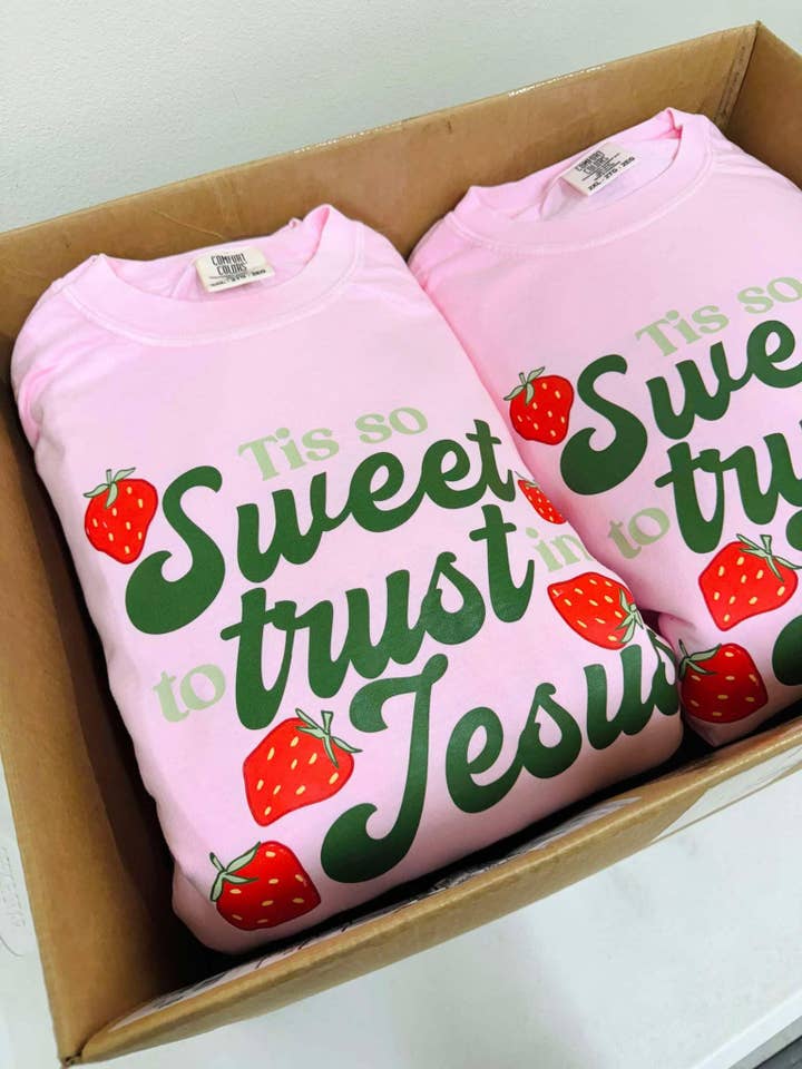 Blossom Tis So Sweet To Trust In Jesus Strawberry DTF Tee for wholesale on Faire