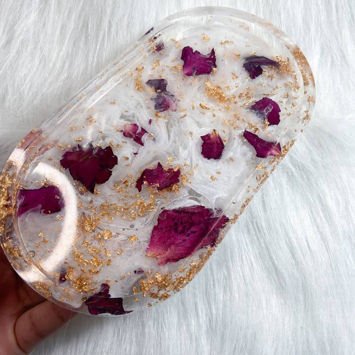 KraftzbyKenzie - Wholesale Jewellery dish - Rose Petal Trinket Trays, White Swirls, Gold Foil, Red Roses4