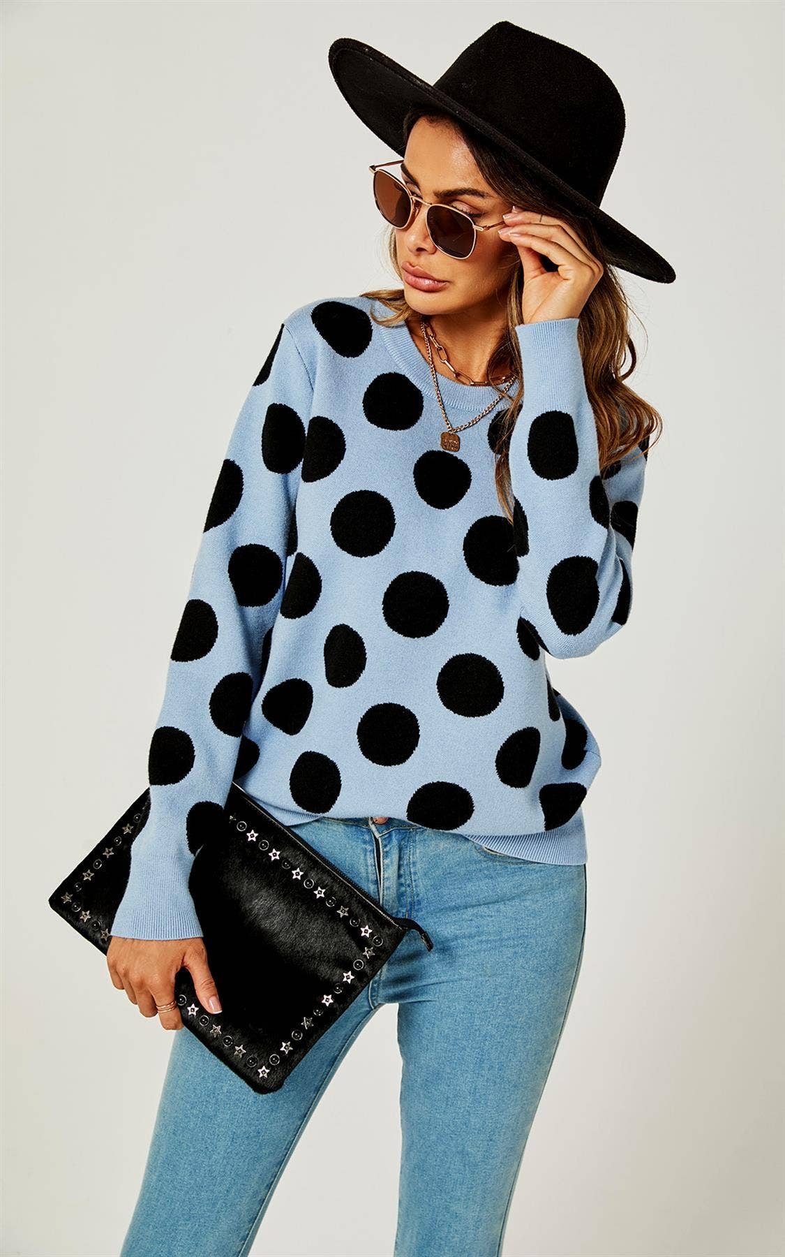Azul Camisola Comfy Malha Preto Polka Dot Top Em Azul para venda a revendedores na Faire3