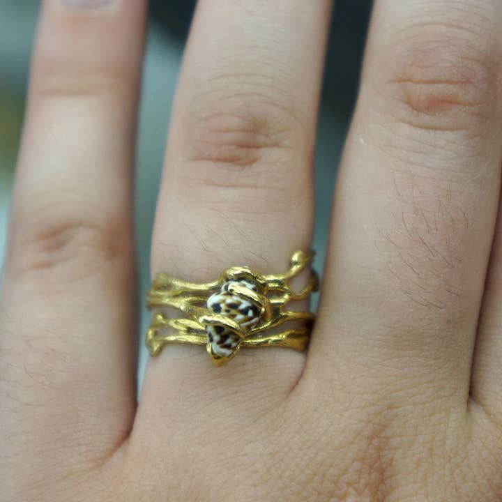 Jasmine Twig Ring: Real Sea Shell Accent (Sterling Silver, Gold Plated) for wholesale by Mother Nature Jewelry