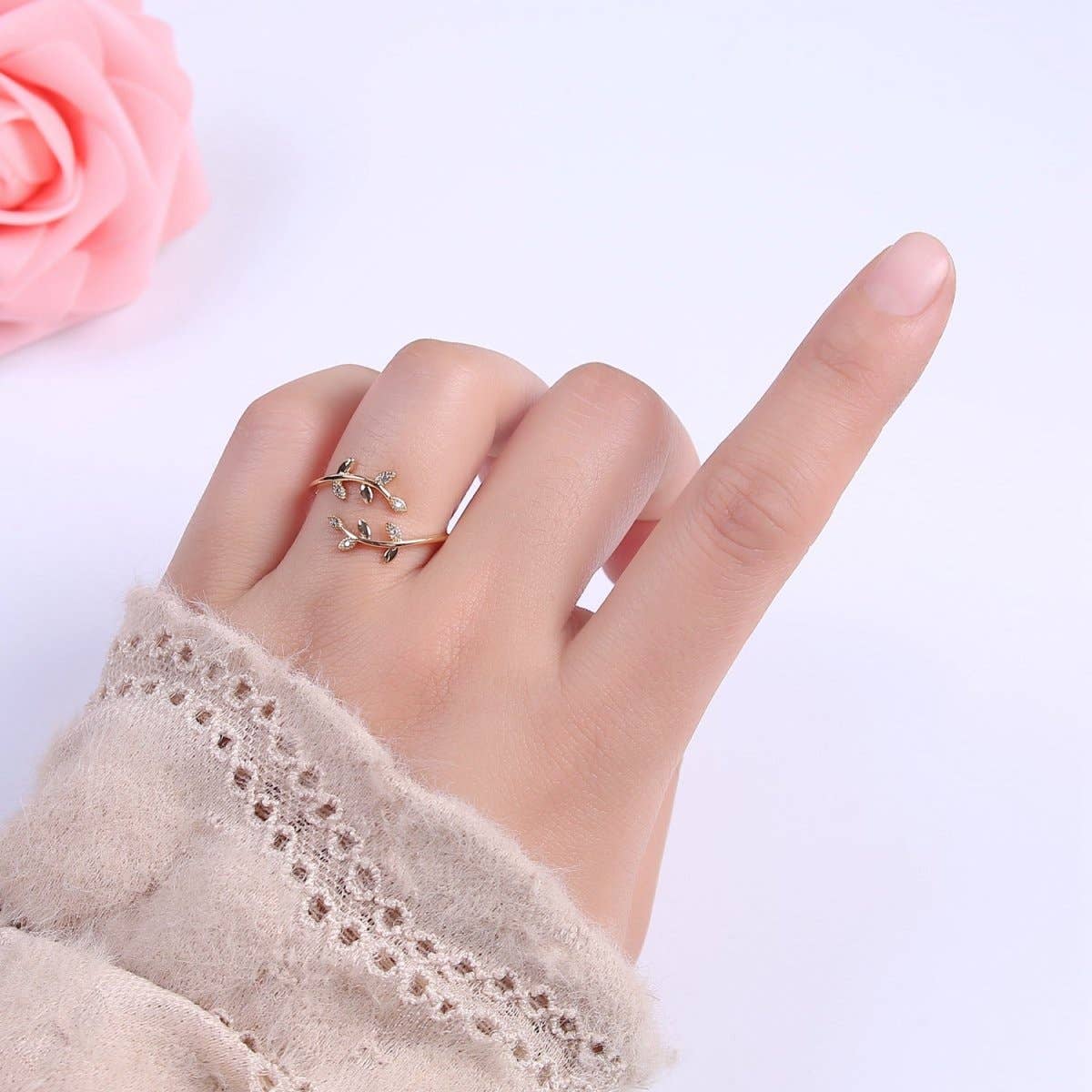 Aim Eternal - Wholesale Multi-Stone Ring - Micro Pave Olive Vine Leaf Adjustable Ring, Crystal Cubic Zirconia CZ Mother Nature Stacking Ring, Minimalist 16K Gold Filled Ring, Gift For Her Plant Mom U-4364