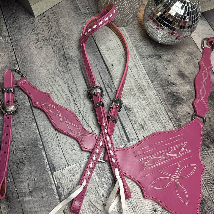 Schulz Equine - Wholesale Horseback Riding Gear - Pink Boot Stitch Headstall and Breast Collar Set9