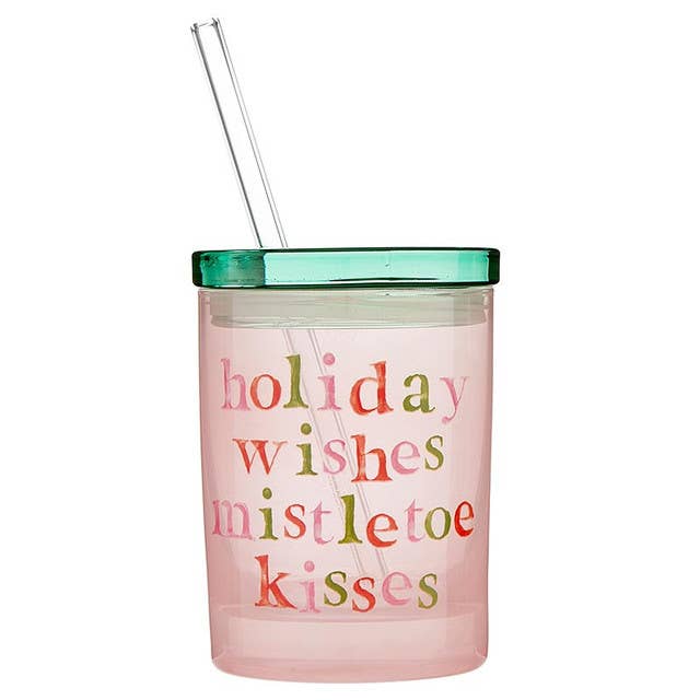 Slant Collections by Creative Brands - Wholesale Drinking Glass/Cup - Glass DOF with Lid and Straw - Holiday Wishes