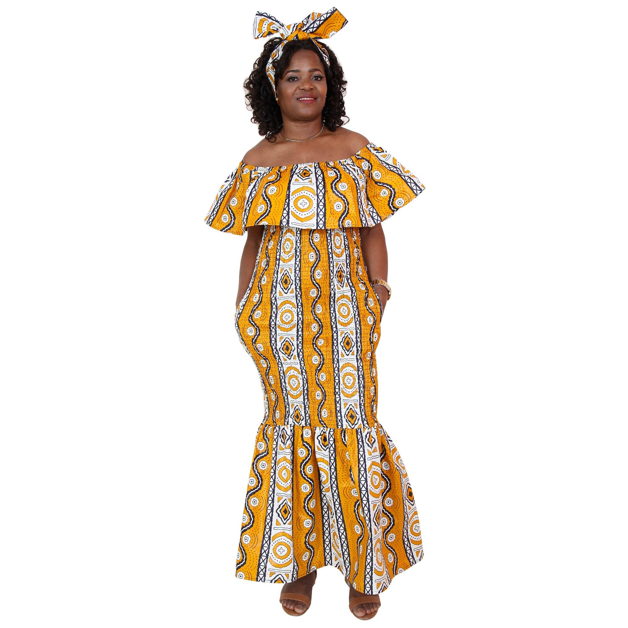 African Stars - Wholesale Dress - Women's - Women's Printed Smocking Off Shoulder Mermaid Dress - FI-P500770