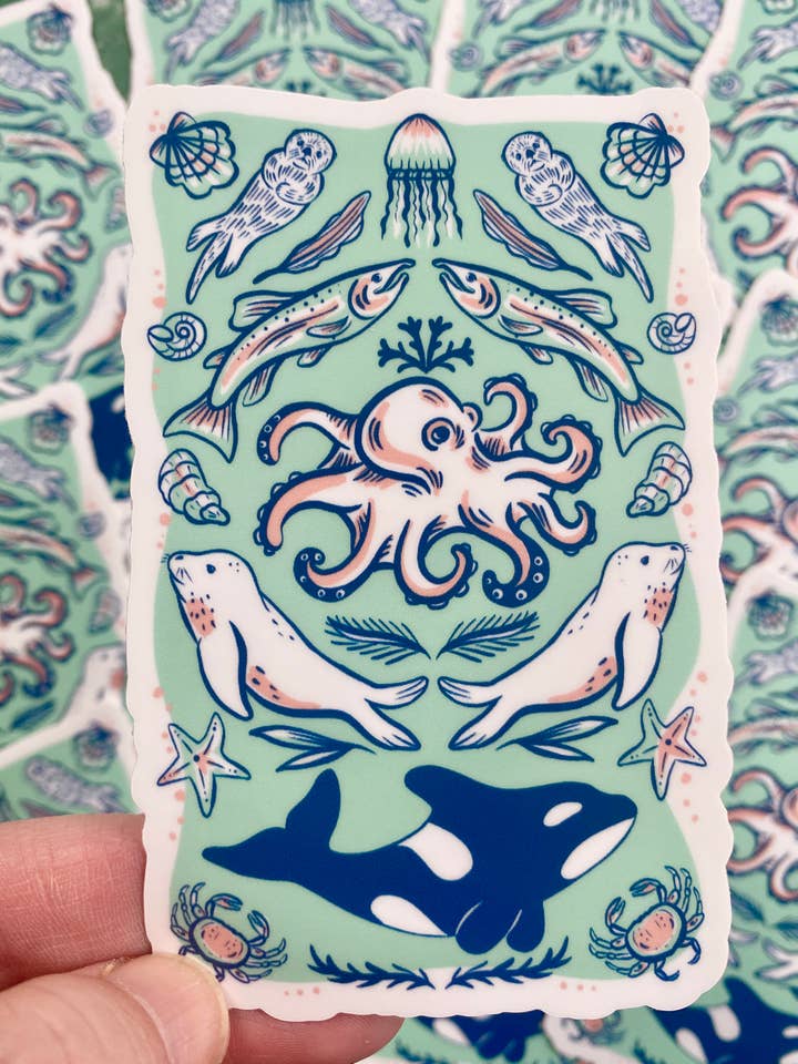Sea Sticker, Puget Sound, PNW, Octopus, Orca, Otter, Fish for wholesale by Melissa Pothier Art