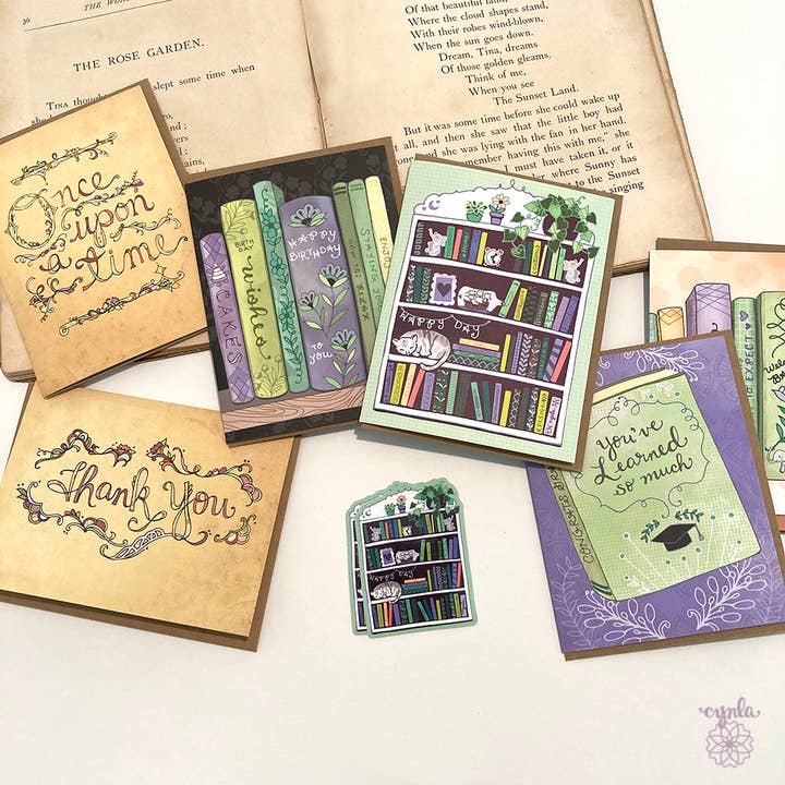 Cynla – Großhandel Geburtstagskarten – Buch-Grußkarte — Bücherregal, Bibliothek, Buchladenkarten3