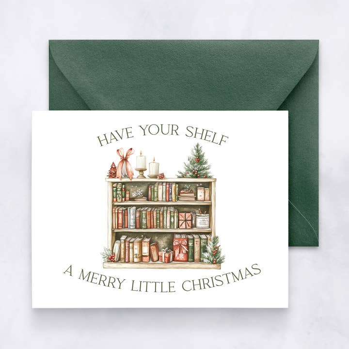 Carte de Noël pour les amateurs de livres - Passez un joyeux Noël avec votre étagère pour la vente par Felicia Nicole Design