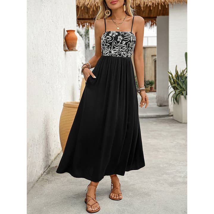 Black Summer Ethnic Style Floral Splice Cami Dress for wholesale on Faire