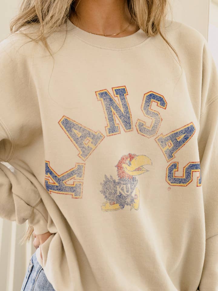 KU Kansas Jayhawks Mega Arch Sand Thrifted Sweatshirt for wholesale by LivyLu