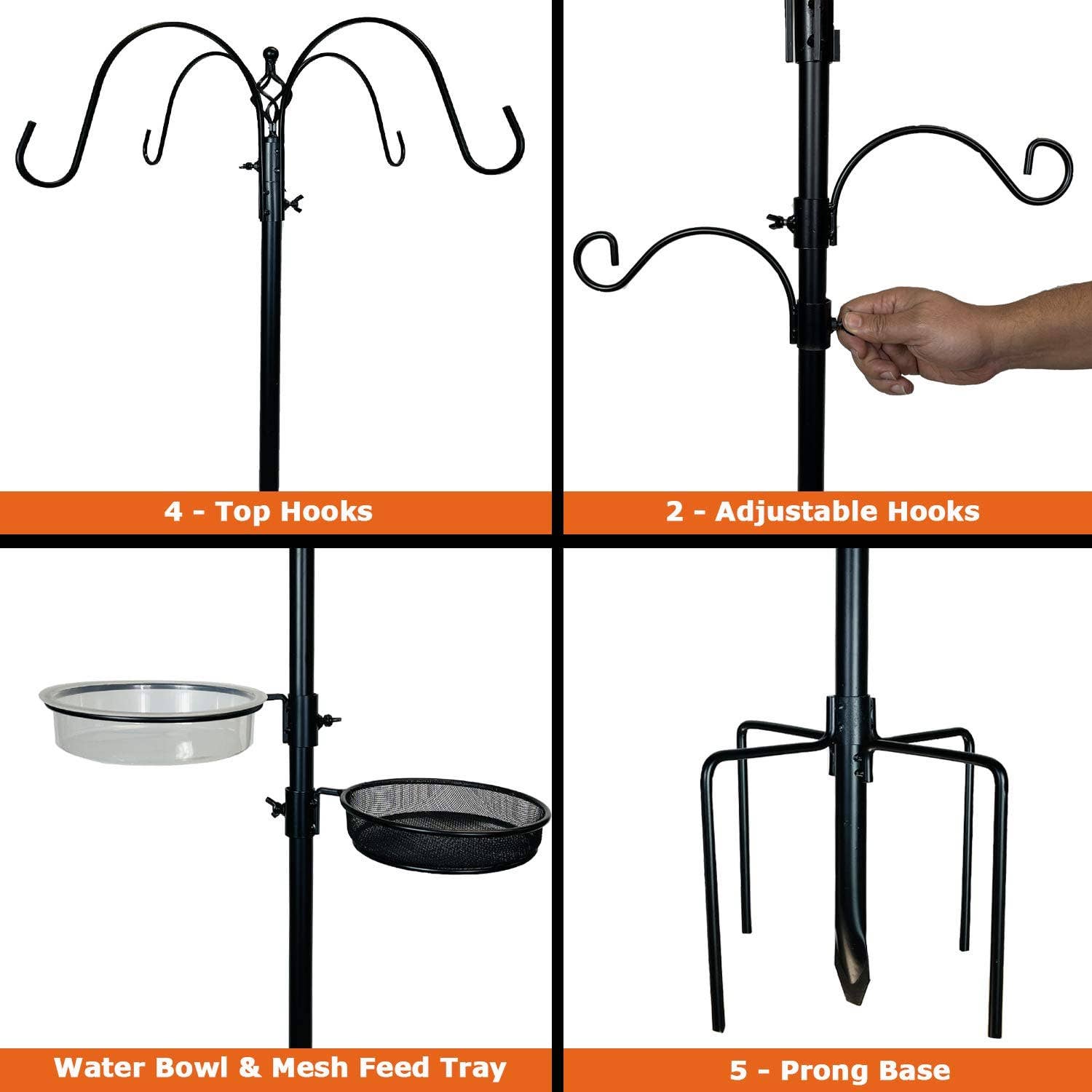 Ashman Online - Wholesale Bird Feeder - Ashman Deluxe Premium Bird Feeding Station, 22" Wide x 91" Tall (82 inch Above Ground) Black with 4 Multiple Hooks and 4 Bird Feeders Hanging Kit.2
