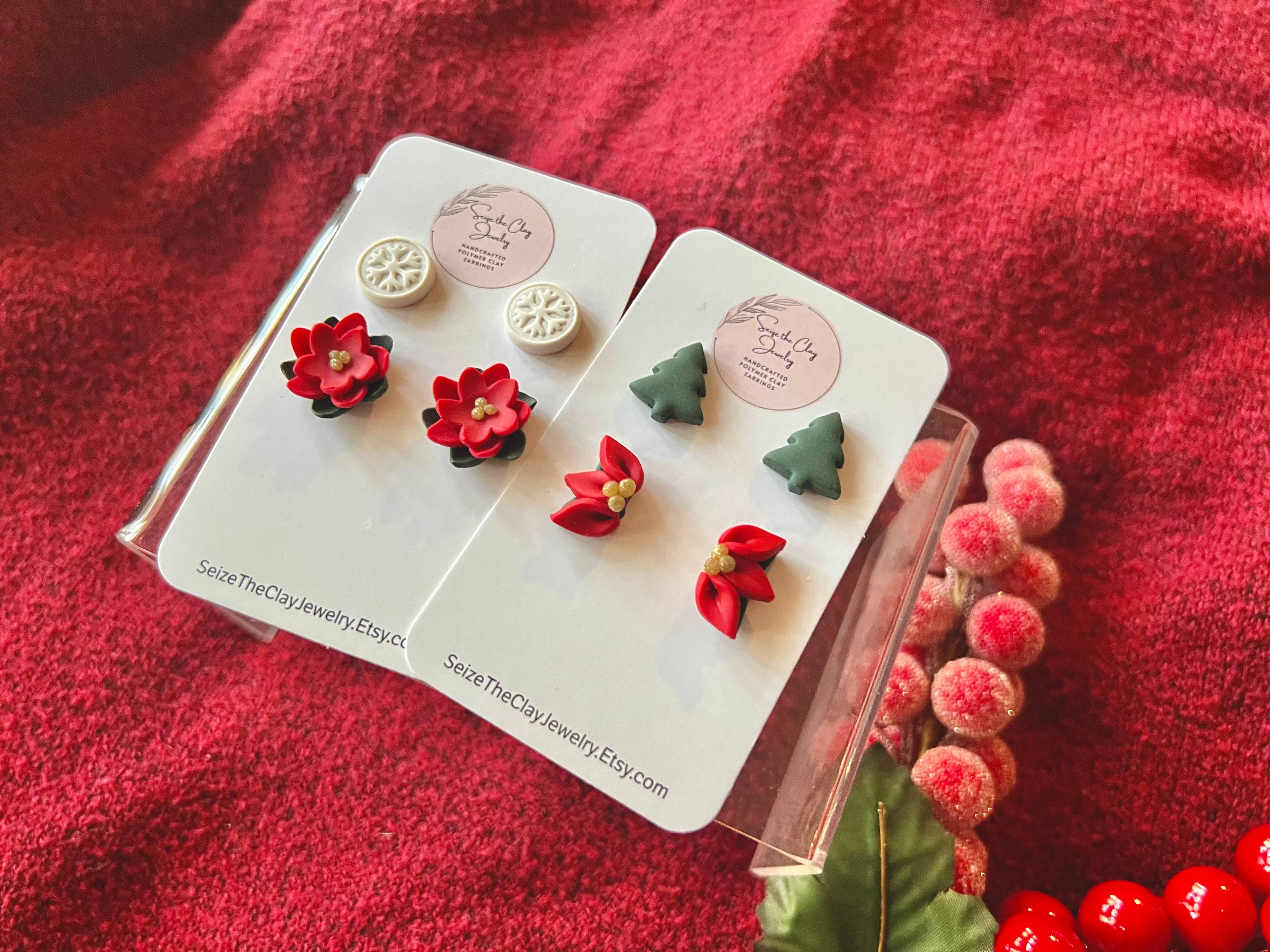 SeizeTheClayJewelry - Venta al por mayor Pendientes de botón/aretes de poste - Pendientes de flor de pascua, paquetes de pendientes navideños4