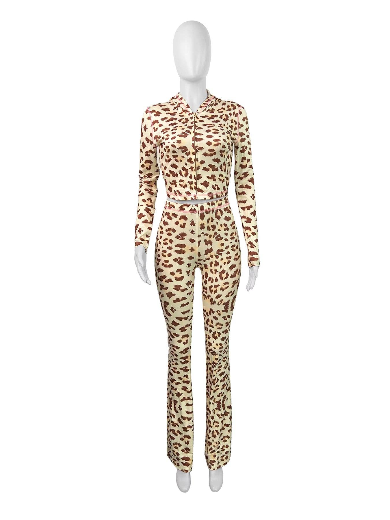 MB Fashion Wholesale - Wholesale Top & Pant Set (NOT Loungewear) - Women's - MB FASHION Two-Piece Leopard Print Long Sleeve Zip-Up Top & High-Waist Flare Pants Set MB501226