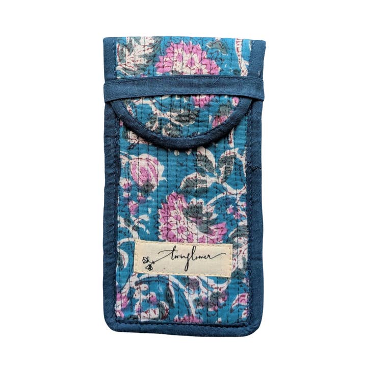 Teal & Pink Flower Block Print Quilted Glasses Case for wholesale by Twinflower