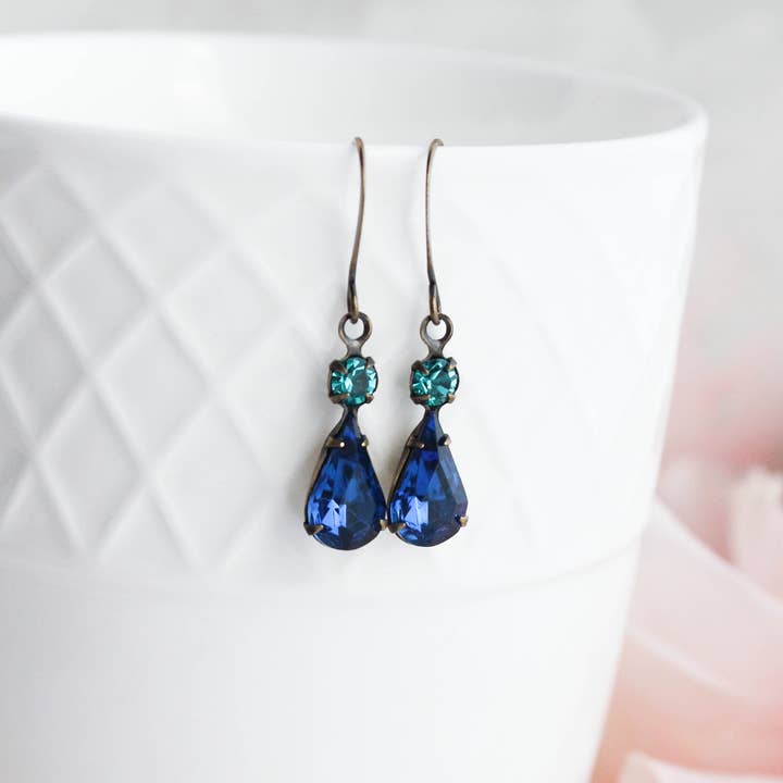 A Pocket of Posies - Wholesale Dangle Earrings - Vintage Glass Teardrop Earrings - Midnight Blue