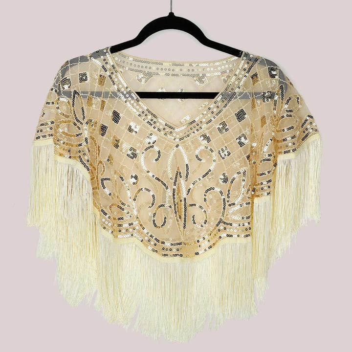 Sensibling Corp. - Wholesale Poncho – Women's - Sequined Beaded Tassel Fringe Cape Poncho
4