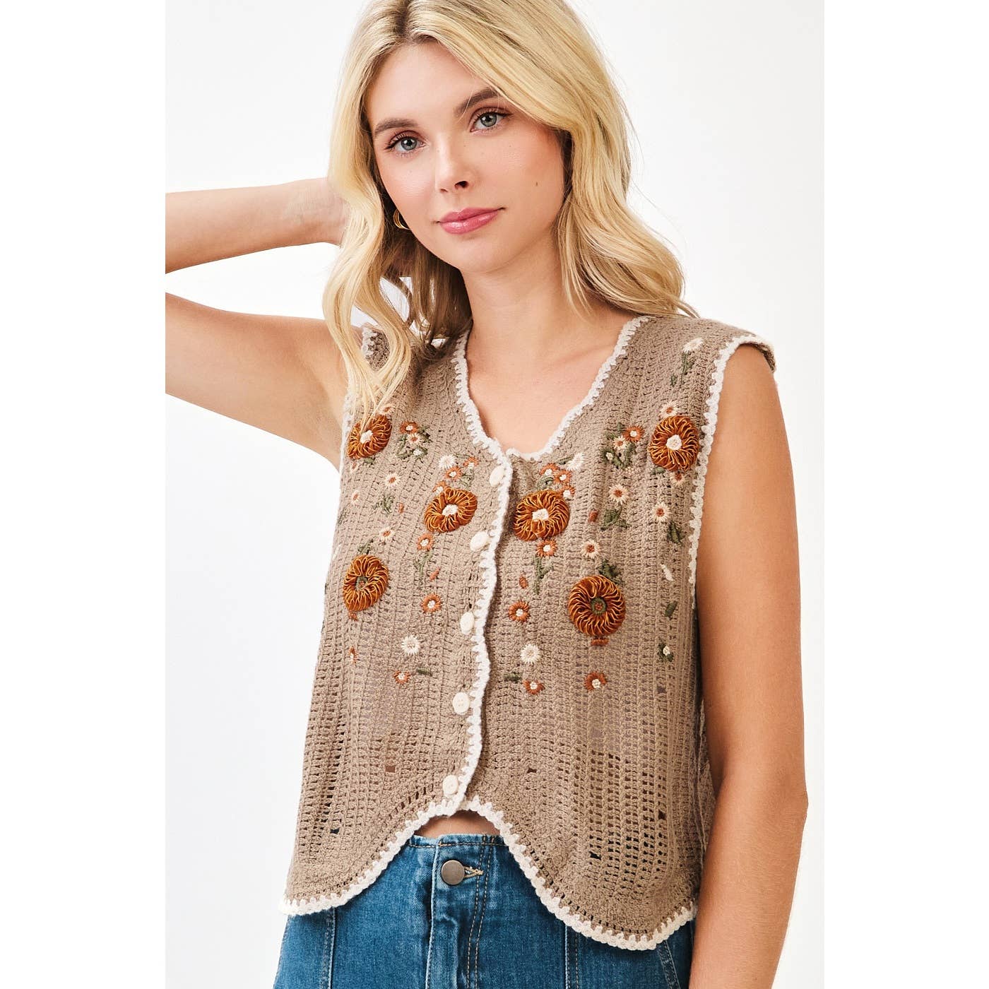 mittoshop - Wholesale Sweater Vest - Women's - FLORAL EMBROIDERY SLEEVELESS VEST CROCHET TOP12