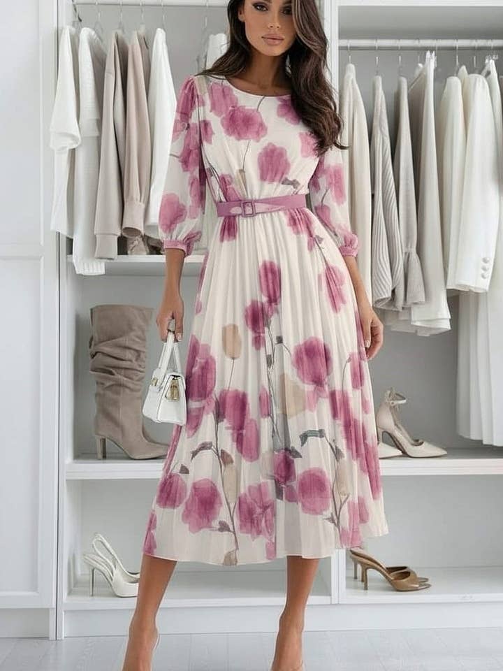 Lilian Bloemen Geplooide Chiffon Maxi Jurk met Riem - Mauve voor wholesale door Catwalk Wholesale