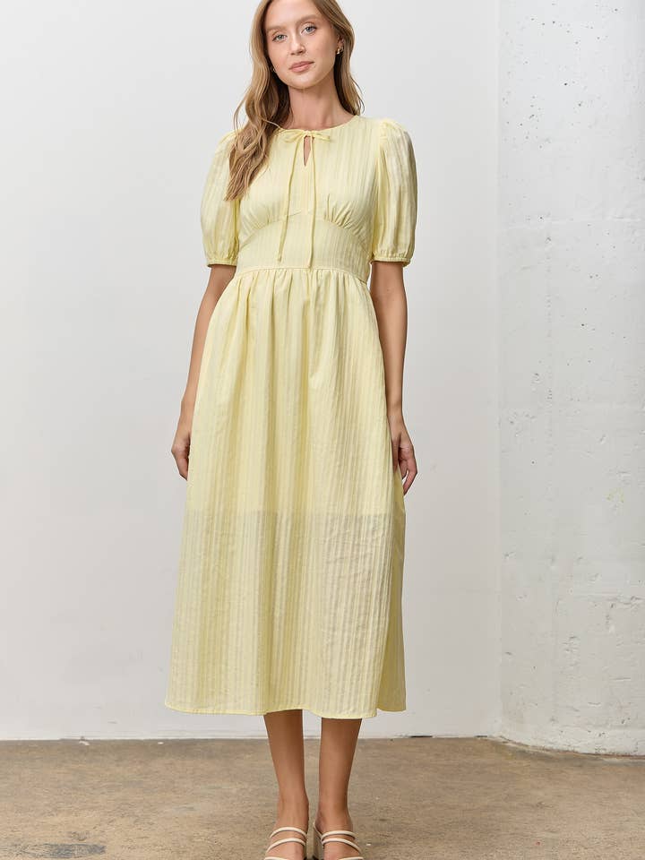 Vestido Midi com Mangas Bufantes e Risca Texturada por atacado de Polagram by Wellmade USA