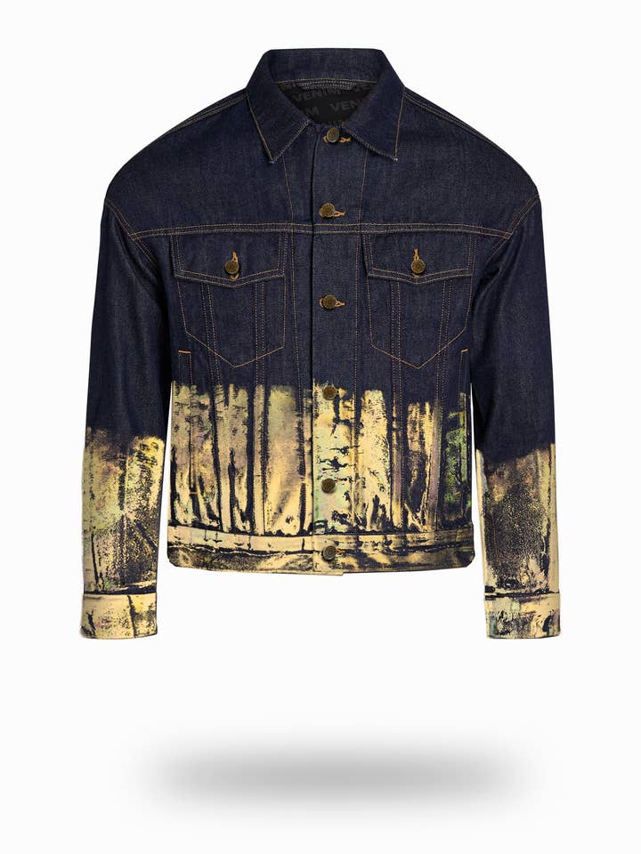 Shorter Indigo Denim Jacket with Gold Holographic Foil for wholesale by VENIM