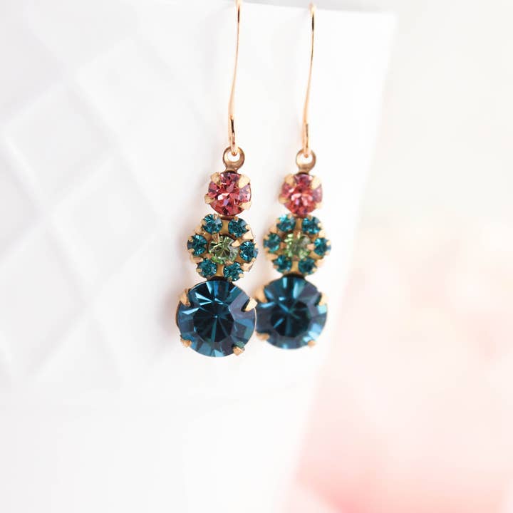 A Pocket of Posies - Wholesale Dangle Earrings - Deep Teal and Peach Earrings | Vintage Glass | Jewel Tones