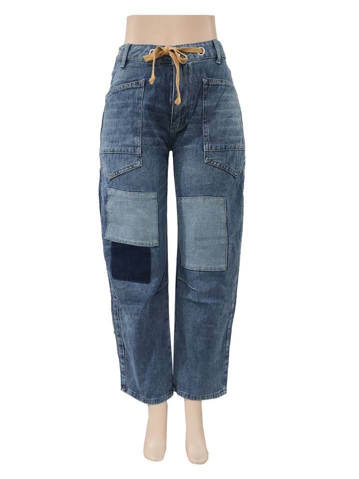 Relaxed Patchwork Straight-Leg Drawstring Baggy Jeans for wholesale by Rosa Clothing