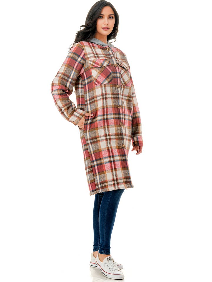 Color 5 – Großhandel Hemd – Damen – Super lange rote karierte Hemdjacke aus Flanell mit Taschen