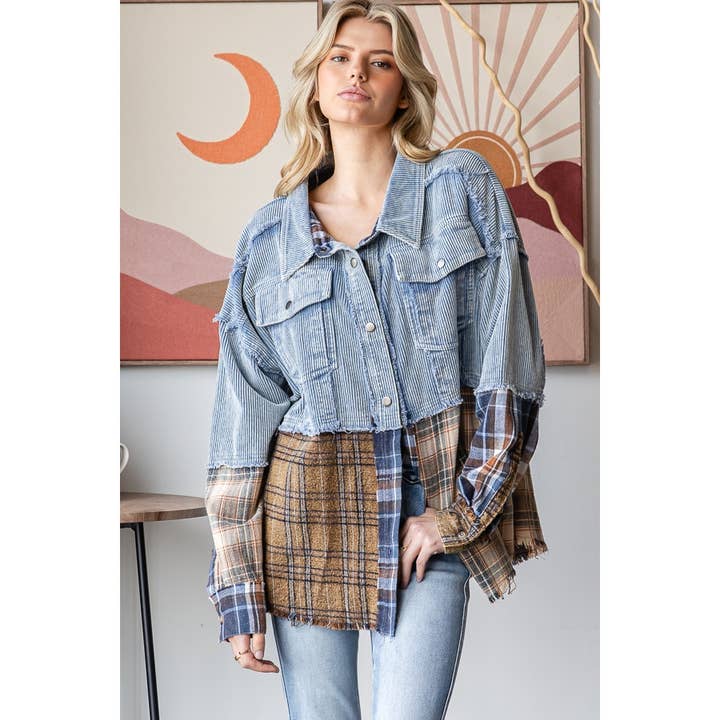 WASHED PLAID MIXED DENIM COLORBLOCK SHACKET for wholesale by Oli&Hali