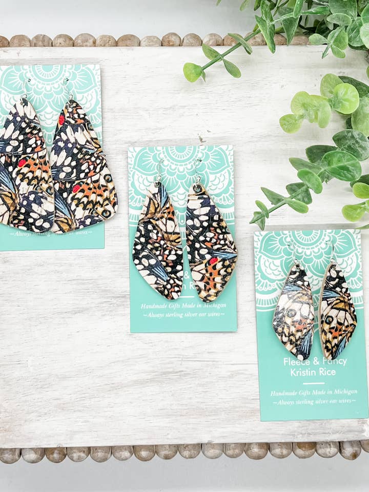 Handmade Butterfly Wing Cork Earrings for wholesale by Fleece & Fancy