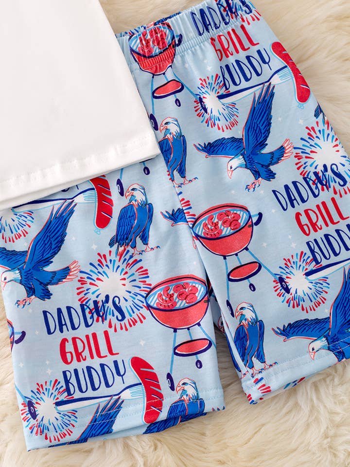 Kids Charm Online - Wholesale Top & Short Set - Kids - "Daddy's Grill Buddy" White T-shirt & blue multi printed shorts. OFB50043 SOL