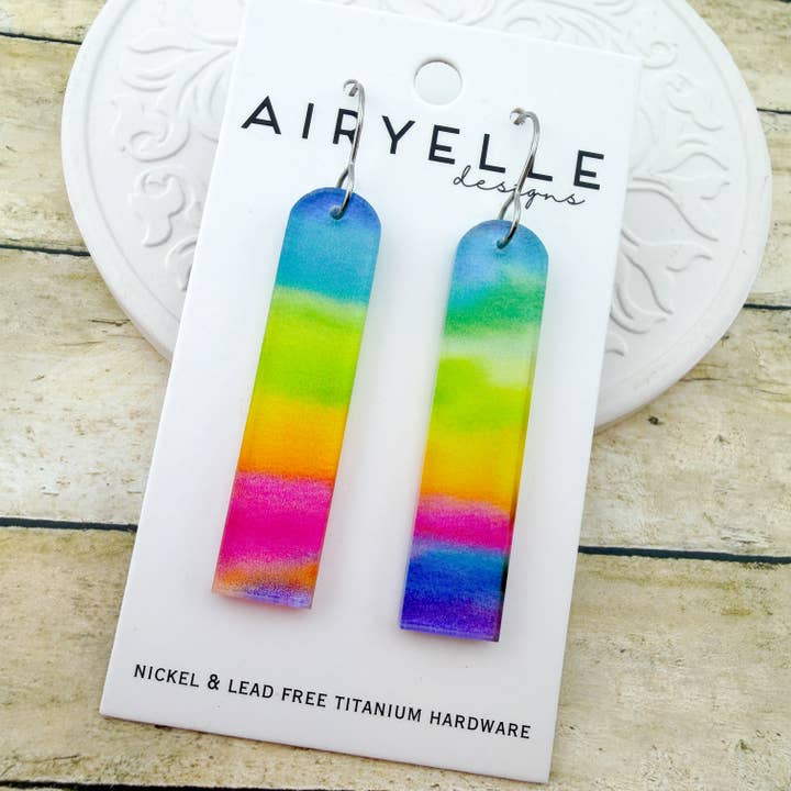 Ombre Rainbow Arch Bar Acrylic Earrings - Titanium for Sensitive Ears for wholesale by Airyelle Designs
