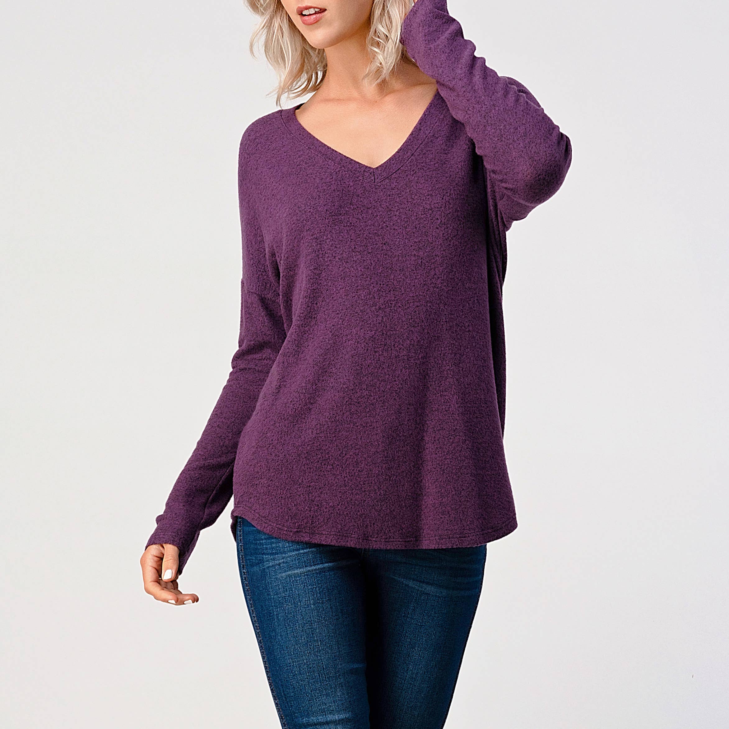 Heimious - Wholesale Knit Top - Women's - Long Sleeve V-neck Brushed Knit Top, 273870