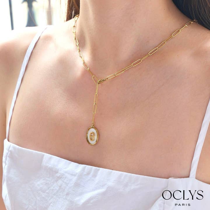 Y chain necklace in stainless steel with a pearly Moly pattern for wholesale by Oclys