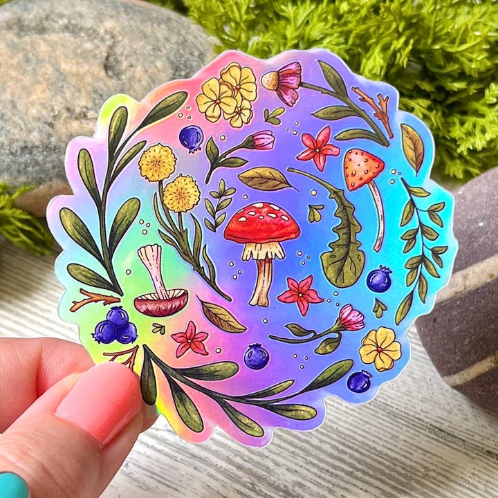 Mushrooms + Wildflowers Sticker | Holographic Vinyl for wholesale by The Swimming Owl