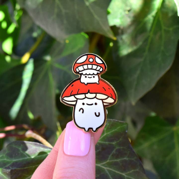Friendly Waving Mushroom Friends Enamel Pin for wholesale by Sugarnova