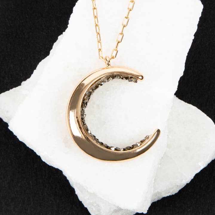 Halloween Samara Black Crystal Moon Pendant Necklace for wholesale by Elsie & Zoey