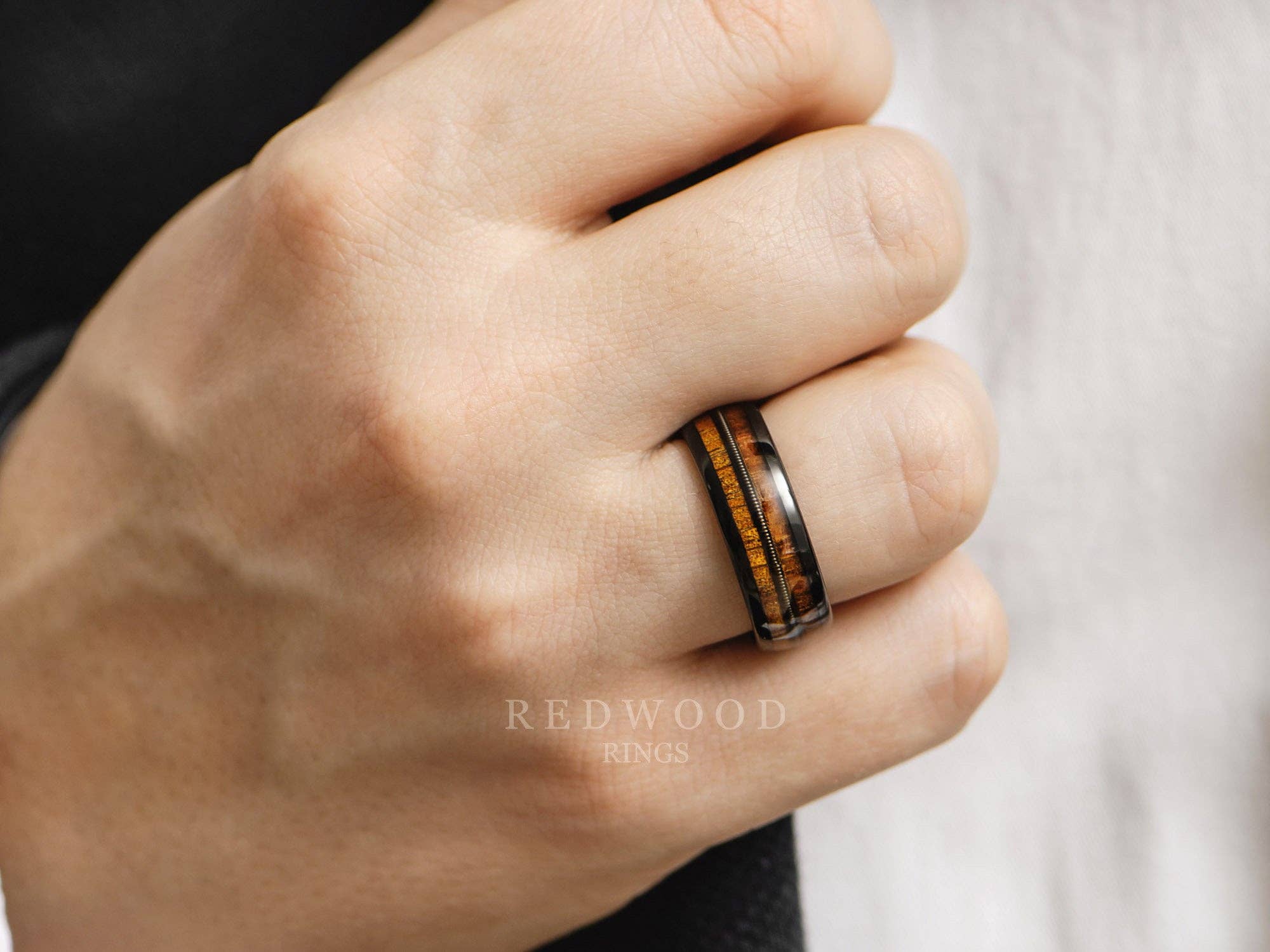 Redwood Rings - Wholesale Band/Stacked Ring - Black Tungsten Ring, Guitar String and Koa Wood Inlay - 8MM1