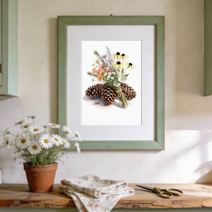 Akvarellkonsttryck av vilda blommor och kottar för wholesale av Designs by Michaela