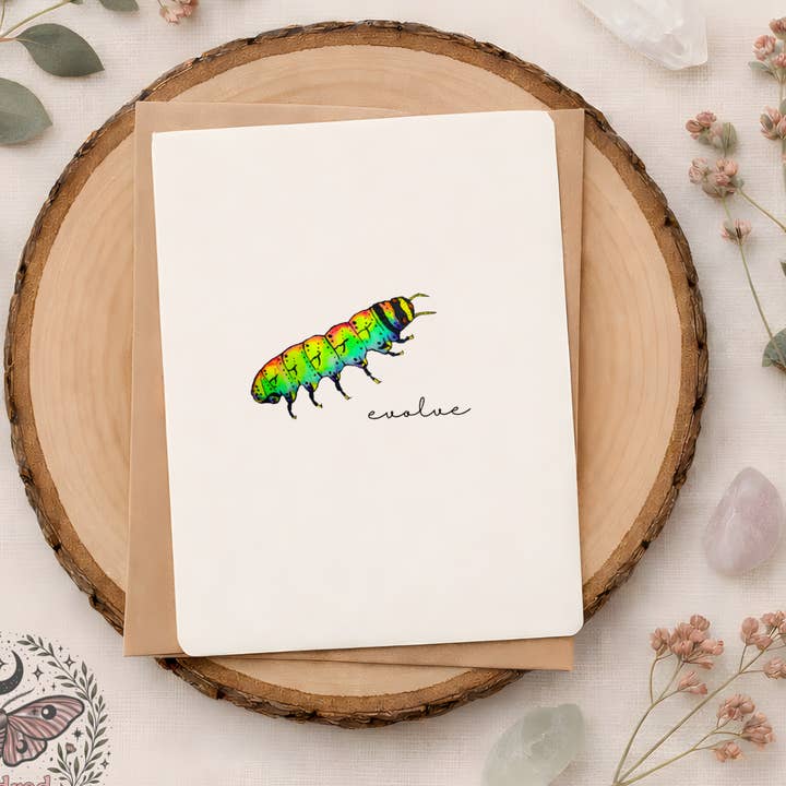 Evolve Caterpillar Greeting Card | Transformation & Growth | Nature-Inspired Intentional Card | 5x7 Art Card for wholesale by Doroh's Kindred Soul and Sage
