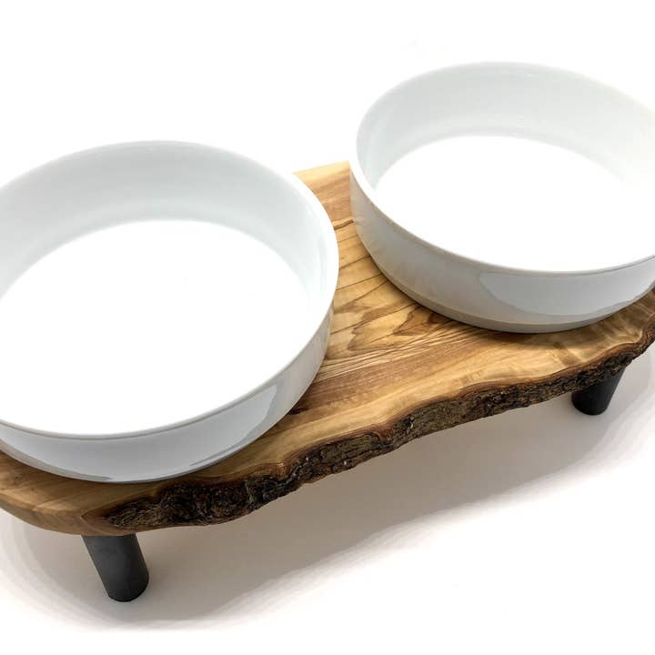 olivenholz-erleben - Wholesale Pet Bowl - Cat/Dog - RUSTY PLUS feeding station 2x 1.5 liter raised porcelain bowl