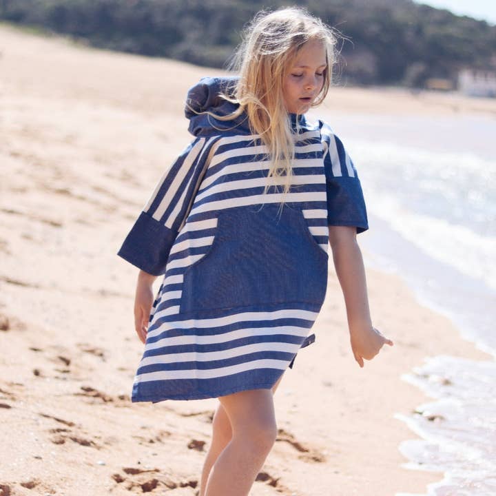 Blem Beach Accessories AU - Wholesale Poncho Towel - Kids & Baby - Ocean Blue Stripe Kids Beach Poncho
