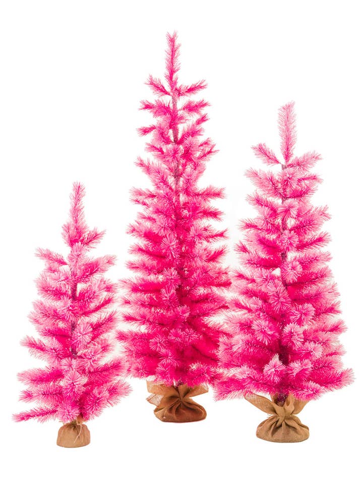 Set of 3 Pink Frosted Christmas Trees w/ Burlap Wrapped Base for wholesale by Starlight Collection
