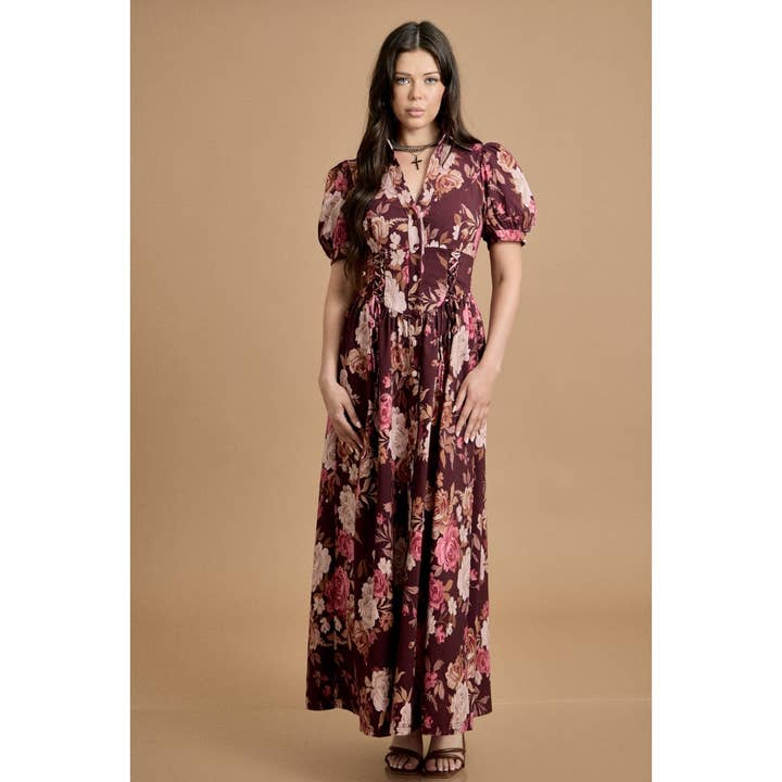 BURGUNDY COMBO Holiday Floral Puff-Sleeve Maxi Dress for wholesale on Faire1