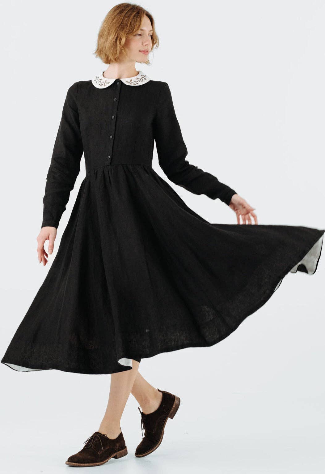Son de Flor - Wholesale Dress - Women's - Classic Dress with Embroidered Hazelnut Collar, Long Sleeve6