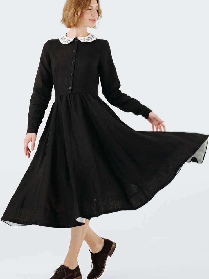Son de Flor - Wholesale Dress - Women's - Classic Dress with Embroidered Hazelnut Collar, Long Sleeve6
