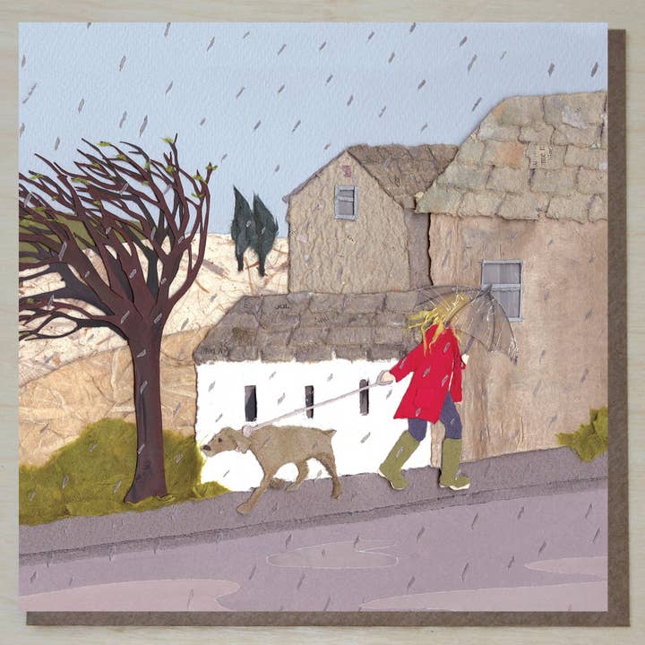 Dog Walking Card (rainy day) for wholesale by Windsock Press