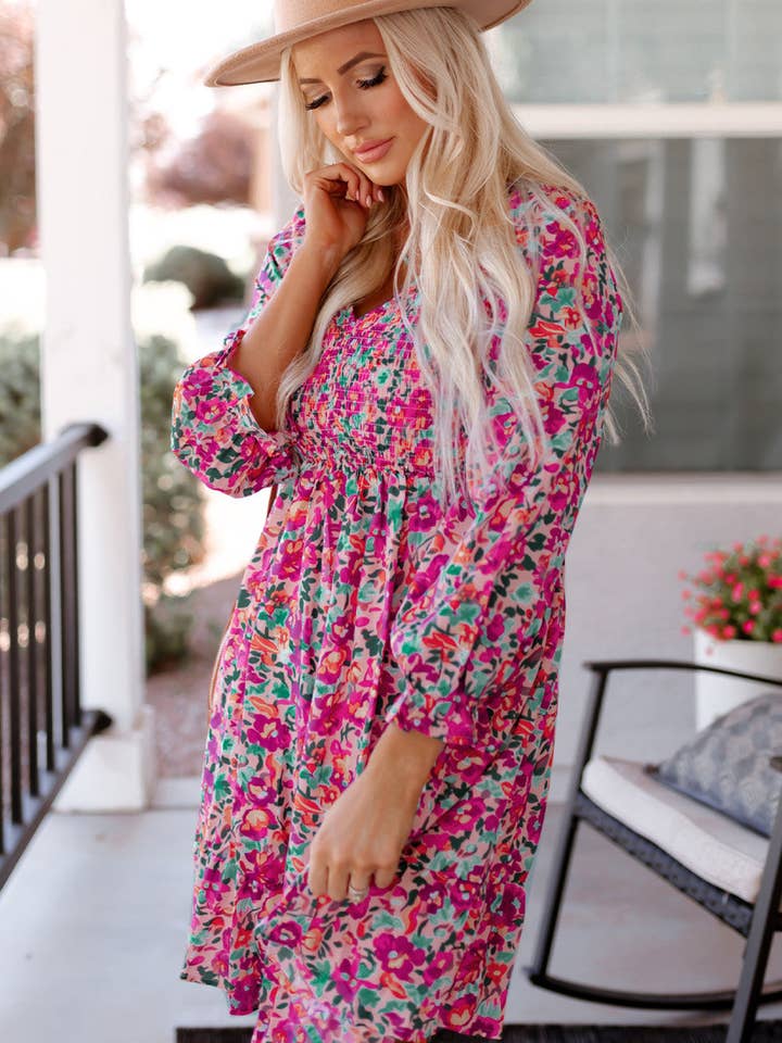 Purple Mikaela Smocked V Neck Puffy Sleeve Floral Dress for wholesale on Faire
